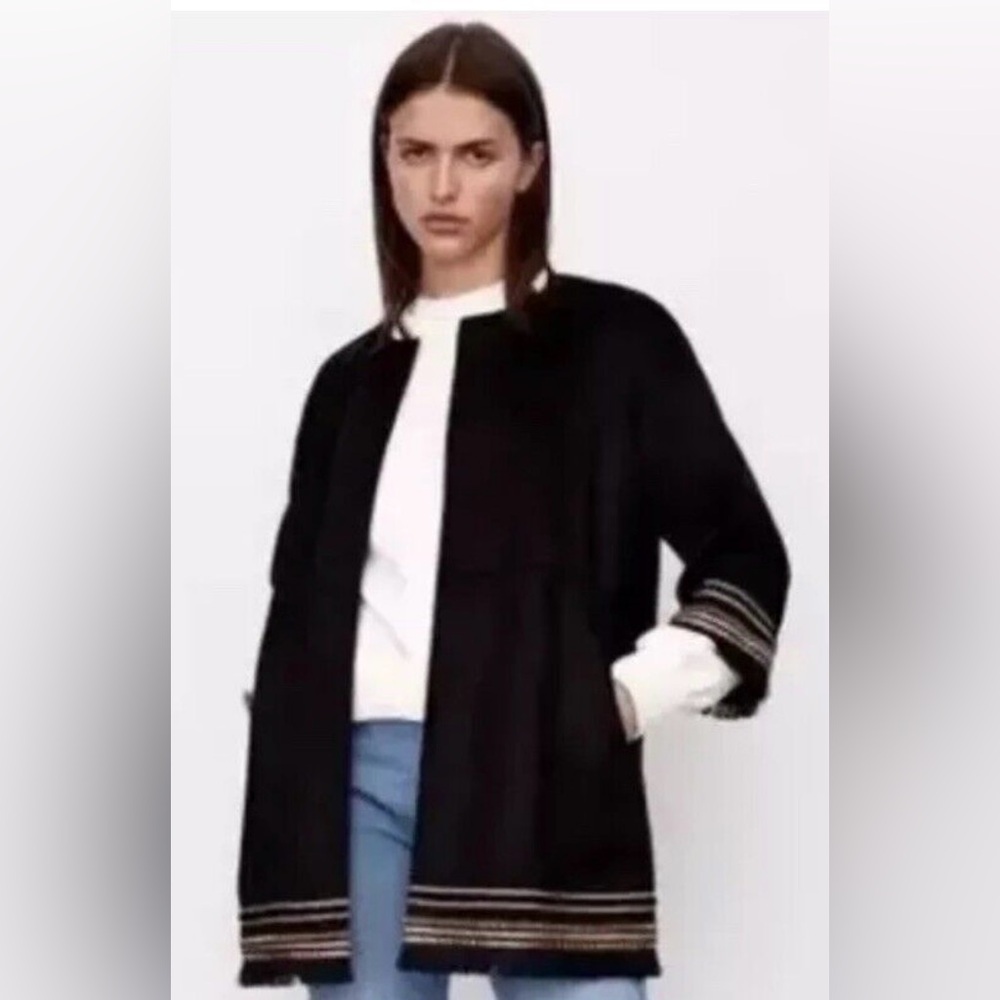 ZARA - Chic Black Open Front Jacket with Fringe Details